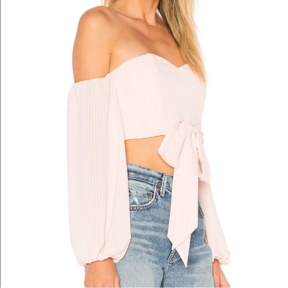 NWT REVOLVE by The Way Off The Shoulder Gingham Boned Crop w/tie in Light Pink - Picture 11 of 11